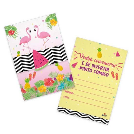 Convite de Aniversário Tropical Flamingo - 08 Un