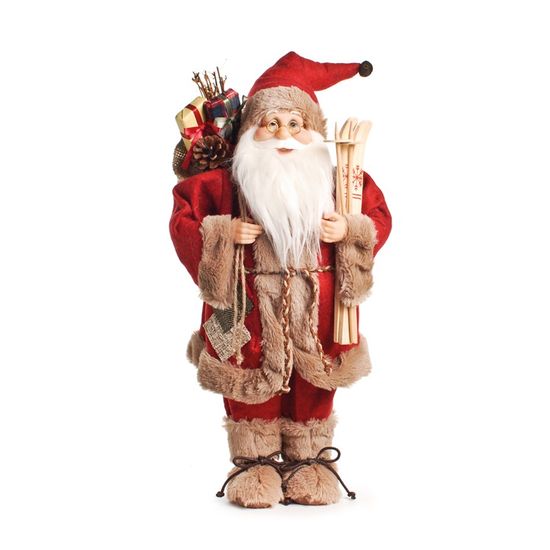 Boneco de Papai Noel em Pé com Casaco Vermelho e Bege de 50cm