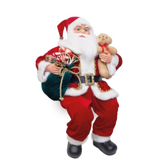 Boneco de Papai Noel Sentado com Urso Vermelho e Branco de 50cm