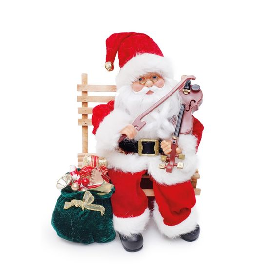 Boneco de Papai Noel Musical Sentado com Violino Vermelho e Branco 3 Pilas AA de 25cm