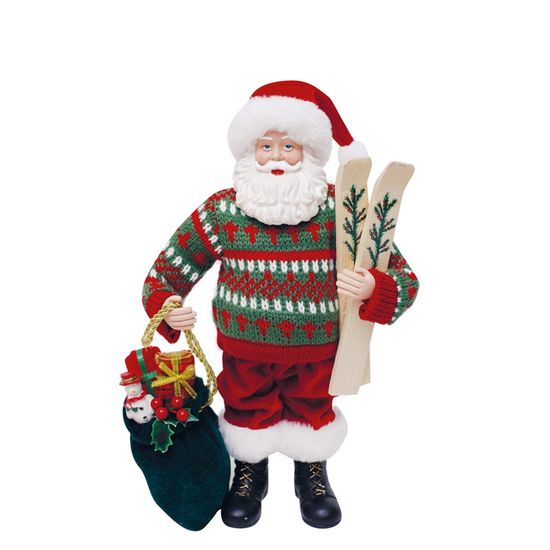Boneco de Papai Noel com Esqui Vermelho e Verde Bandeira de 28cm