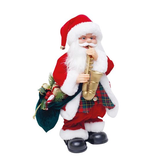Boneco de Papai Noel Musical Xadrez com Trompete Vermelho e Branco 3 Pilas AA de 35cm