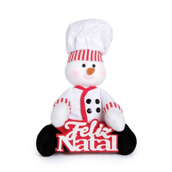 Boneco de Neve Cozinheiro Sentado com Placa Vermelho e Branco