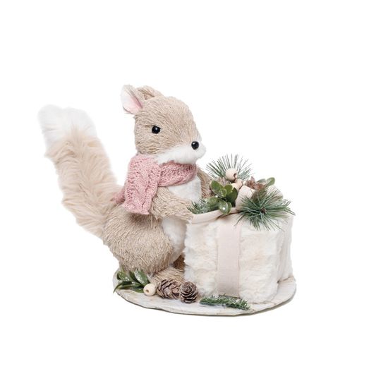 Esquilo com Caixa de Presente Bege e Branco e Rosa