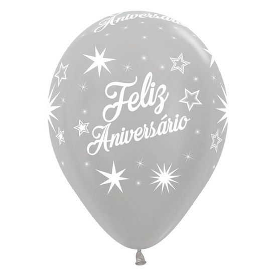 Balão Látex Impressão 360 Satin Feliz Aniversário Brilho Prata 12 / 30cm -  50 Un - Festas da 25