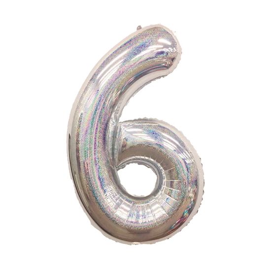 Balão Metalizado Número 6 Holográfico Glitter Prata 40'' / 101cm