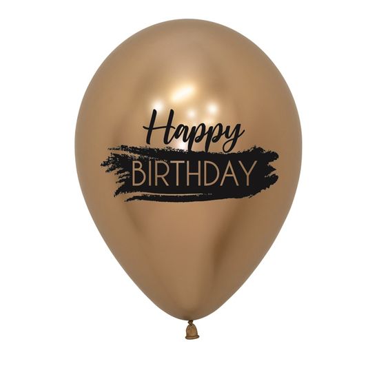 Balão Latex Impressão 2 Lados Reflex Happy Birthday Dourado 12