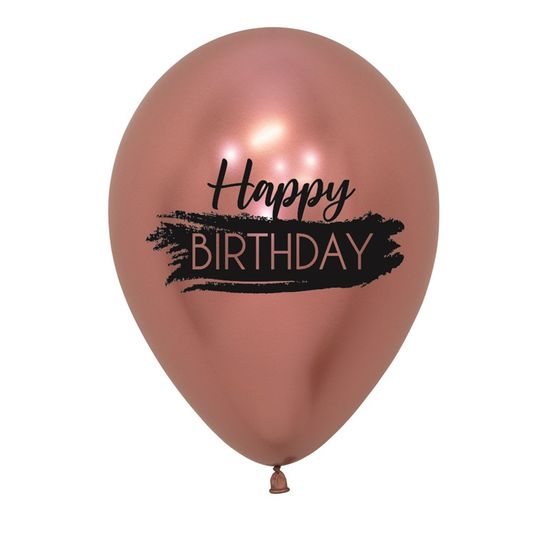 Balão Latex Impressão 2 Lados Reflex Happy Birthday Rosê Gold 12