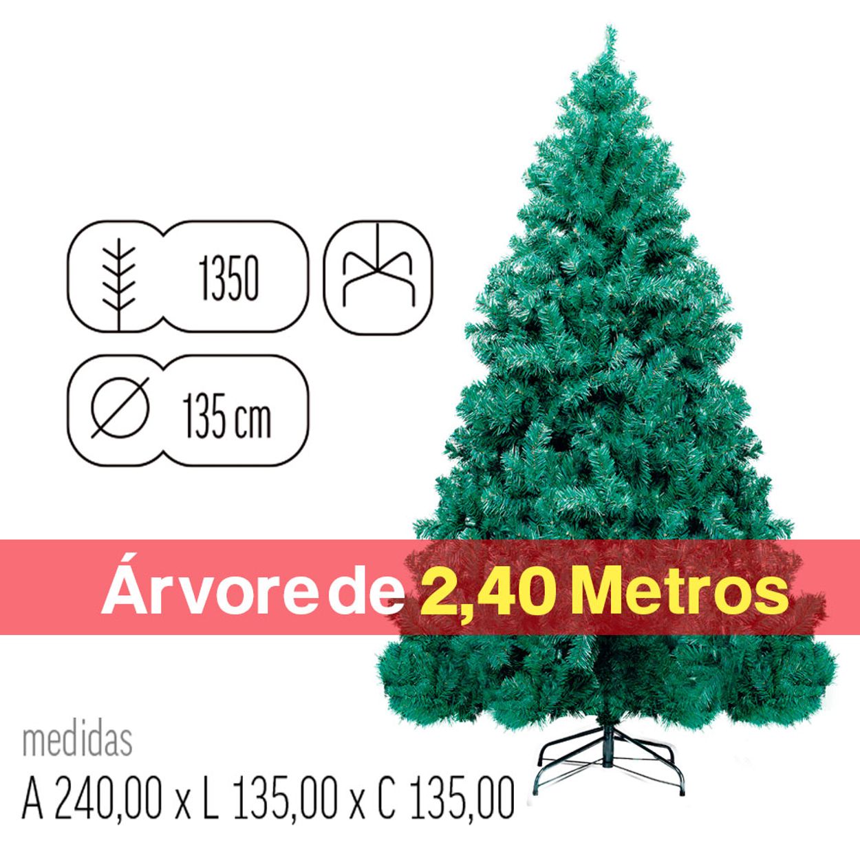 Árvore de Natal Santiago 1350 Hastes com Base de Metal Verde 2,40 Metros -  Natal da 25