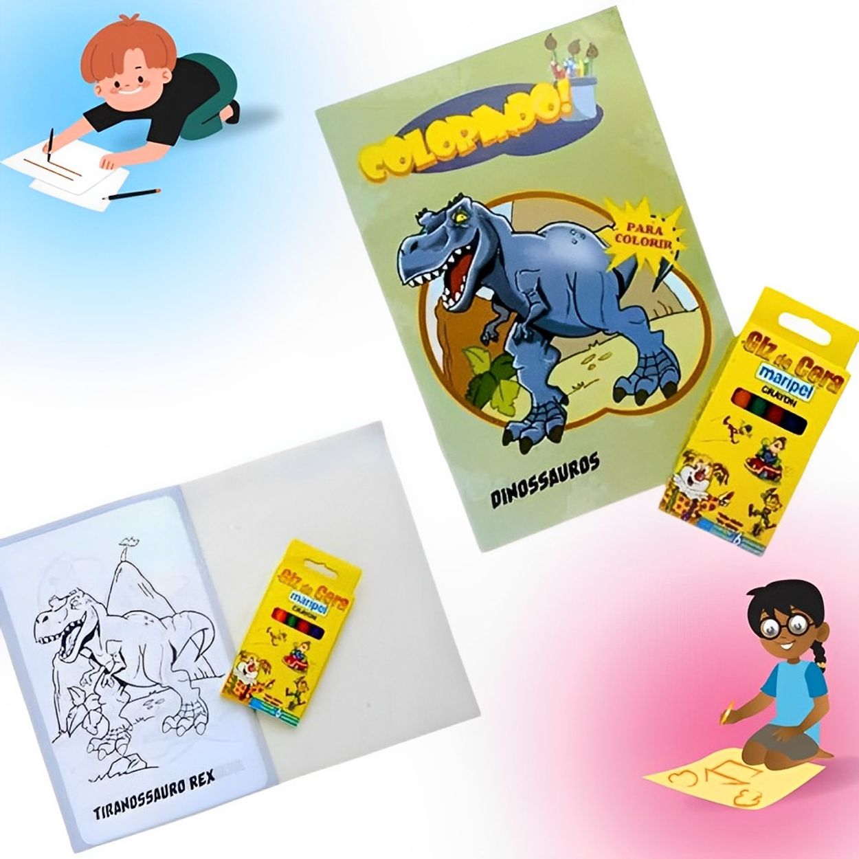 Kit 60 Desenhos Dinossauro Colorir Pintar 15X21 Com Giz de Cera