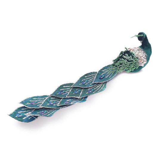 Pavão Decorativo com Glitter Azul Verde Prata 13cm - 1 Un