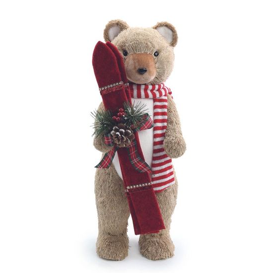Urso Decorativo Segurando Esqui Marrom Vermelho Branco 52cm - 1 Un