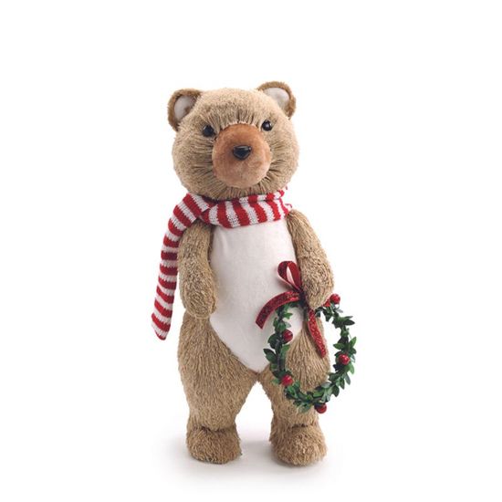 Urso Decorativo com Guirlanda Marrom Vermelho Branco 35cm - 1 Un
