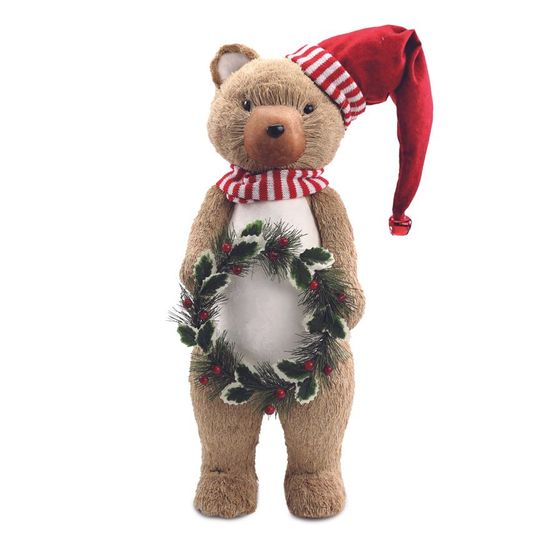 Urso Decorativo com Guirlanda Marrom Vermelho Branco 56cm - 1 Un