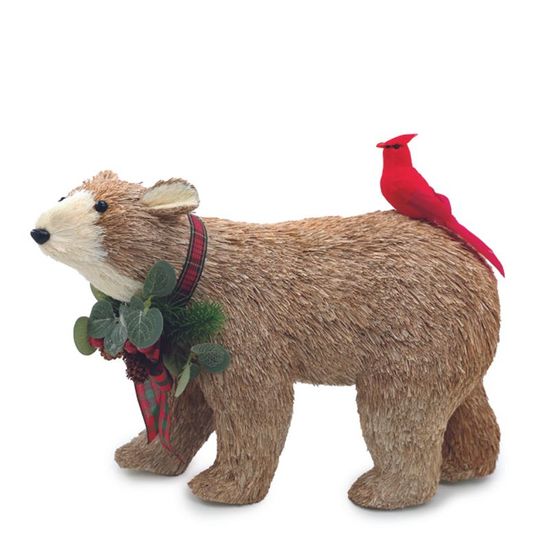 Urso  Decorativo com Pássaro  Marrom Vermelho  Verde  40cm   - 1 Un