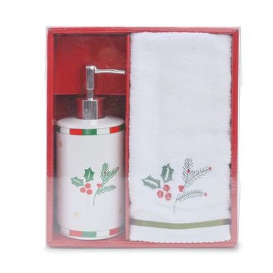 Toalha e Porta Sabonete Branco Verde Vermelho - Kit com 2 Peças