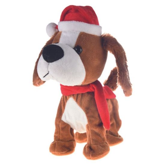 Cachorro com Gorro com Som e Movimento Marrom Branco Vermelho 20cm - 1 Un
