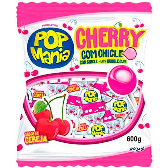 Pirulito Pop Mania Cherry Recheio Chiclete Riclan - 50 Un
