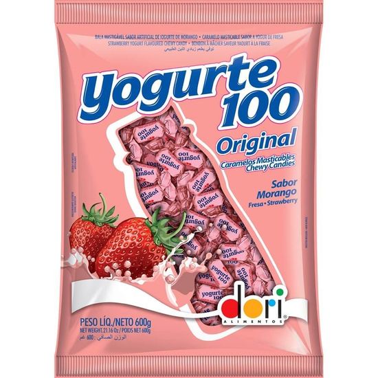 Pacote Bala Mastigável Yogurte Sabor Morango - 600g