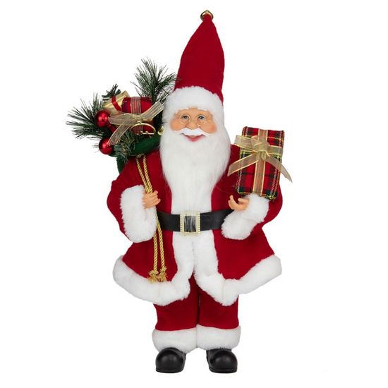 Papai Noel Decorativo Segurando Caixa De Presente Xadrez 40cm